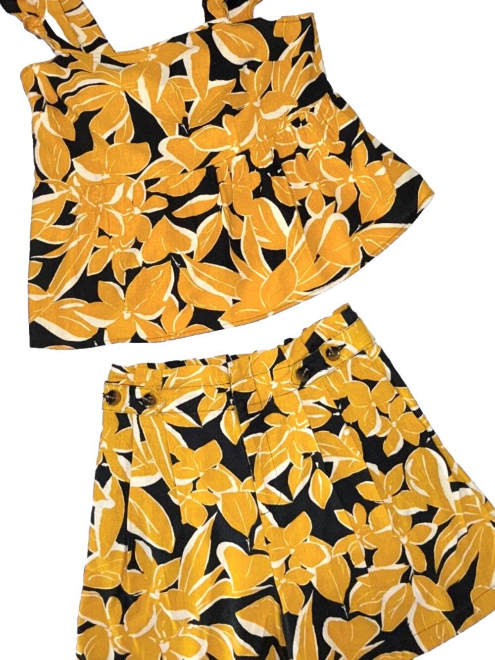 Yellow Floral Linen Blend Matching Set Womens 10 Summer Tank Shorts